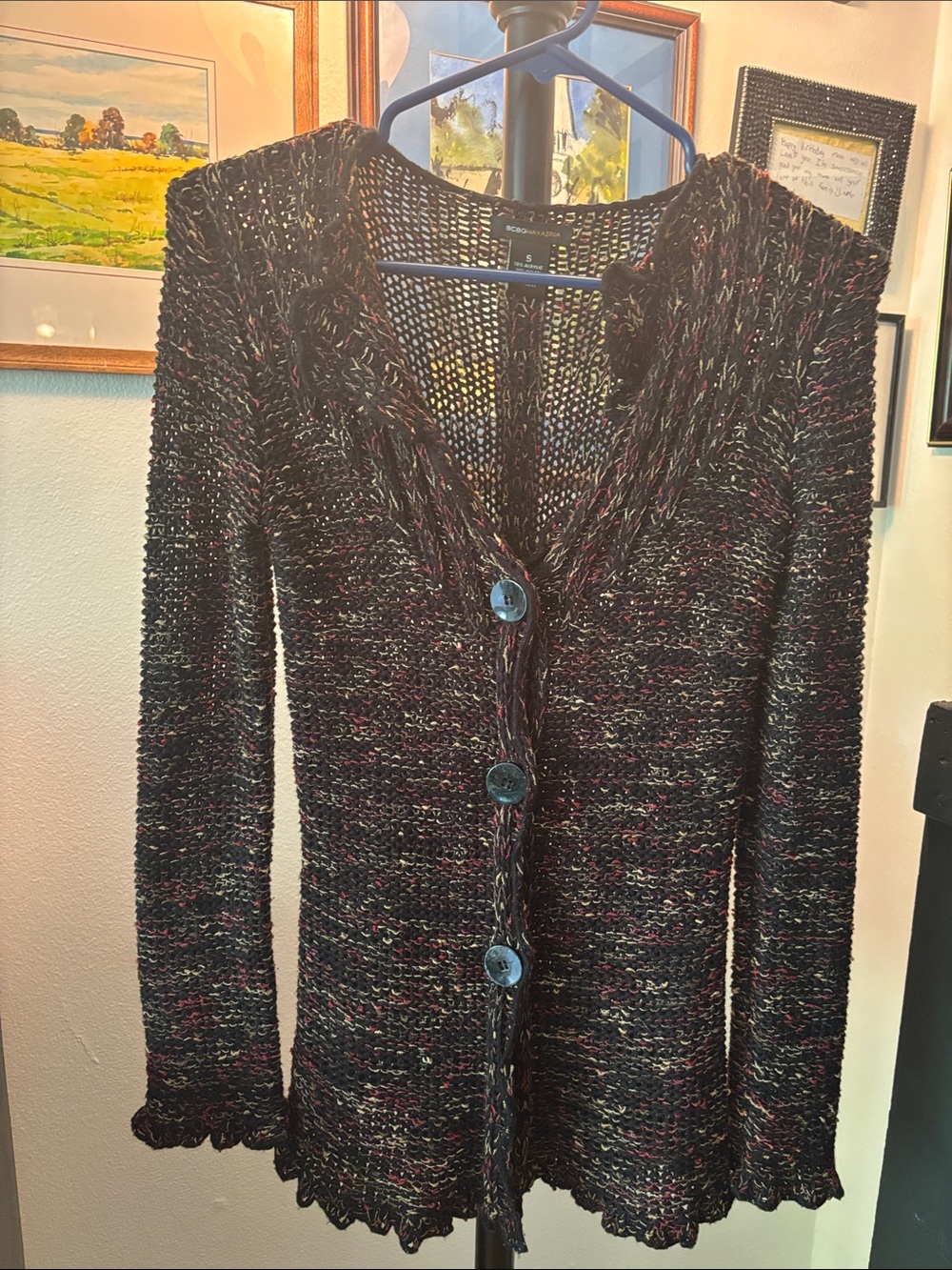 BCBGMaxAzria Black Multi-Color Knit Button Cardigan